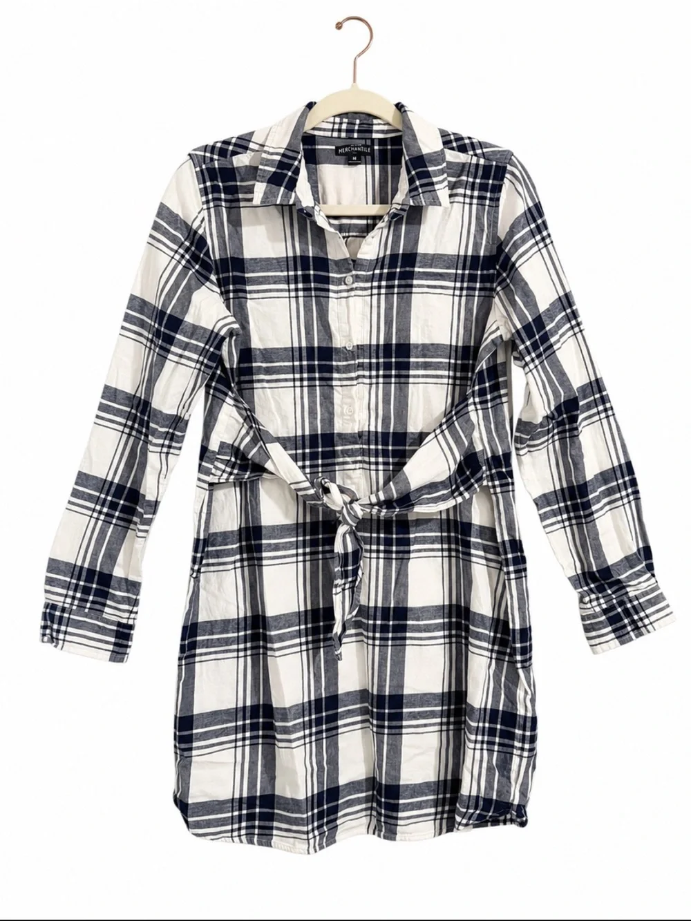 J.Crew Mercantile 100% Cotton Navy & White Plaid Flannel Tie-Waist Shirt Dress